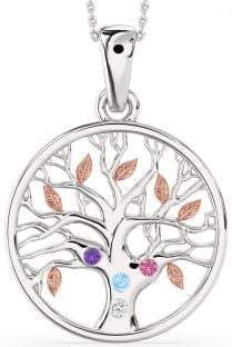 Large Rose Gold Silver Tree Of Life Round Mother's Necklace