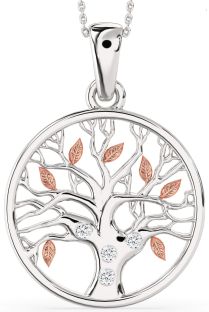 Large Diamond White Rose Gold Tree Of Life Round Necklace