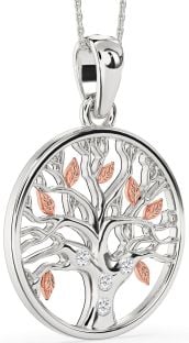 Large Diamond Silver & 10K Rose Gold Tree Of Life Round Necklace