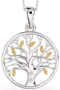 Large Diamond Silver & 10K gold Tree Of Life Round Necklace