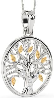 Large Diamond Silver & 10K gold Tree Of Life Round Necklace