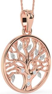 Large Diamond White Rose Gold Tree Of Life Round Necklace