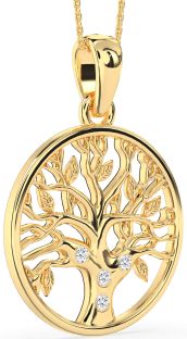 Large Diamond Gold Tree Of Life Round Necklace