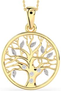 Large Diamond White Yellow Gold Tree Of Life Round Necklace
