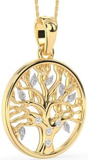 Large Diamond White Yellow Gold Tree Of Life Round Necklace
