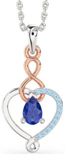 Blue Sapphire & Aquamarine Silver & 10K Rose Gold Heart Infinity Necklace