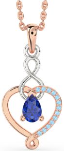 Blue Sapphire & Aquamarine Rose Gold Silver Heart Infinity Necklace