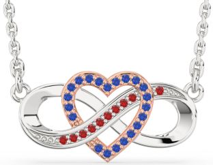 Blue Sapphire & Ruby Silver & 10K Rose Gold Infinity Heart Necklace