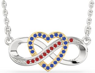 Blue Sapphire & Ruby Silver & 10K gold Infinity Heart Necklace
