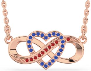 Blue Sapphire & Ruby Rose Gold Silver Infinity Heart Necklace