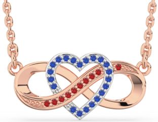 Blue Sapphire & Ruby Rose Gold Silver Infinity Heart Necklace
