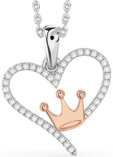 Diamond Rose Gold Silver Heart Crown Necklace