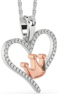 Diamond Silver & 10K Rose Gold Heart Crown Necklace