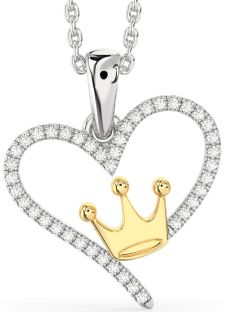 Diamond Silver & 10K gold Heart Crown Necklace