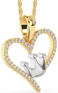 Diamond White Yellow Gold Heart Crown Necklace
