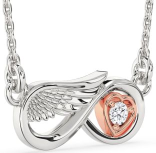 Diamond Silver & 10K Rose Gold Infinity Wings Heart Necklace
