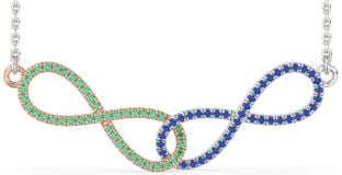 Large Emerald & Blue Sapphire Rose Gold Silver Infinity Interlock Necklace