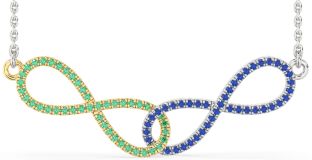 Large Emerald & Blue Sapphire Gold Silver Infinity Interlock Necklace