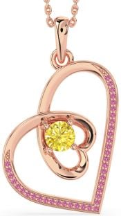 Yellow Diamond & Pink Sapphire Rose Gold Heart Necklace