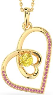 Yellow Diamond & Pink Sapphire Gold Heart Necklace