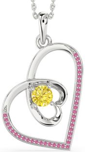 Yellow Diamond & Pink Sapphire Platinum Heart Necklace