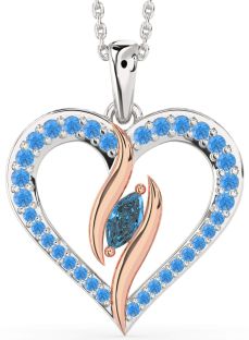 Large London Blue Topaz & Swiss Blue Topaz White Rose Gold Heart Necklace