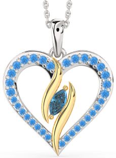 Large London Blue Topaz & Swiss Blue Topaz Silver & 10K gold Heart Necklace