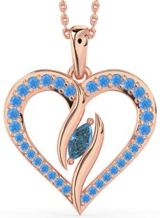 Large London Blue Topaz & Swiss Blue Topaz Rose Gold Silver Heart Necklace