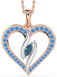 Large London Blue Topaz & Swiss Blue Topaz Rose Gold Silver Heart Necklace