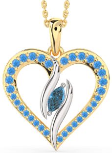 Large London Blue Topaz & Swiss Blue Topaz Gold Silver Heart Necklace