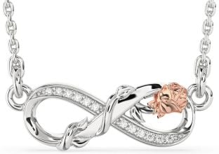 Diamond Silver & 10K Rose Gold Infinity Flower Necklace