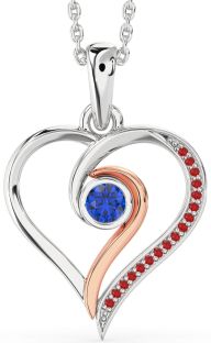 Blue Sapphire & Ruby Silver & 10K Rose Gold Heart Necklace