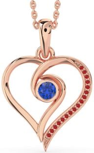 Blue Sapphire & Ruby Rose Gold Silver Heart Necklace