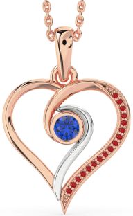 Blue Sapphire & Ruby Rose Gold Silver Heart Necklace