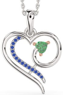 Emerald & Blue Sapphire White Rose Gold Heart Necklace
