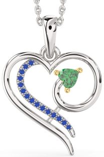 Emerald & Blue Sapphire Silver & 10K gold Heart Necklace