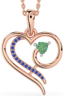 Emerald & Blue Sapphire Rose Gold Silver Heart Necklace