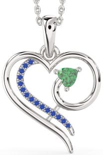 Emerald & Blue Sapphire Platinum Heart Necklace