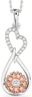 Large Diamond Silver & 10K Rose Gold Heart Teardrop Flower Necklace