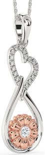 Large Diamond Silver & 10K Rose Gold Heart Teardrop Flower Necklace