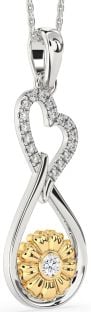 Large Diamond Silver & 10K gold Heart Teardrop Flower Necklace