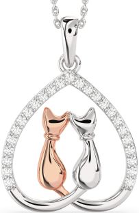 Large Diamond Platinum & Rose Gold Heart Cat Necklace