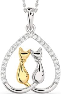 Large Diamond Platinum & Yellow Gold Heart Cat Necklace