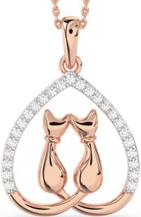 Large Diamond Rose Gold Heart Cat Necklace