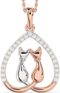 Large Diamond Platinum & Rose Gold Heart Cat Necklace