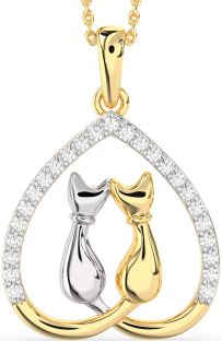Large Diamond Platinum & Yellow Gold Heart Cat Necklace