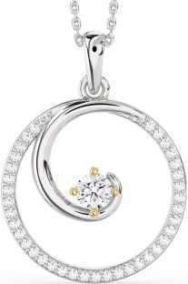 Large Diamond Silver & 10K gold Circle Necklace