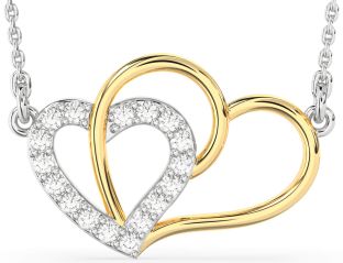 Large Diamond Silver & 10K gold Heart Necklace