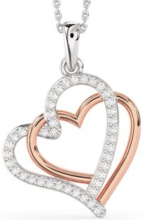 Large Diamond Silver & 10K Rose Gold Heart Necklace