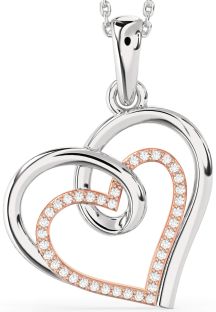 Large Diamond Silver & 10K Rose Gold Heart Necklace